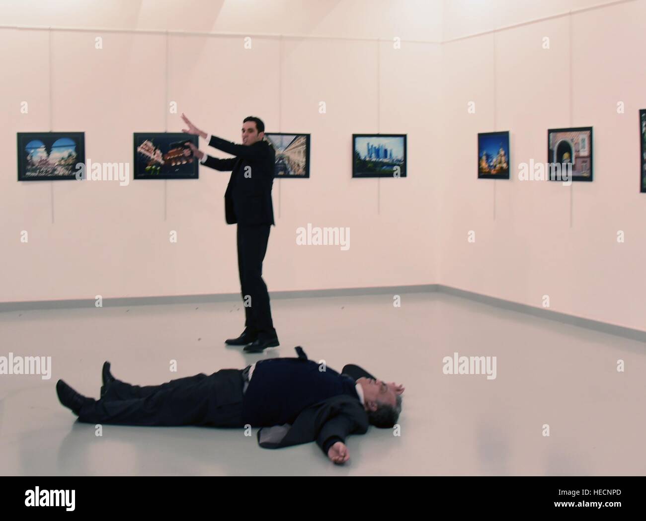Ankara. 19th Dec, 2016. Photo taken on Dec. 19, 2016 shows the scene of the shooting attack in Ankara, Turkey. Russian Ambassador to Turkey Andrey Karlov was killed in a gunman attack at an art exhibition on Monday in Ankara, according to the Russian Foreign Ministry. © Xinhua/Alamy Live News Stock Photo