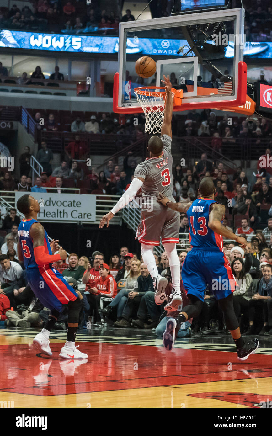 Chicago, USA.  19 December 2016. Bulls guard (#3), Dwyane Wade, scores during the Chicago Bulls vs Detroit Pistons game at the United Center in Chicago. Final score - Detroit Pistons 82, Chicago Bulls 113.  © Stephen Chung / Alamy Live News Stock Photo