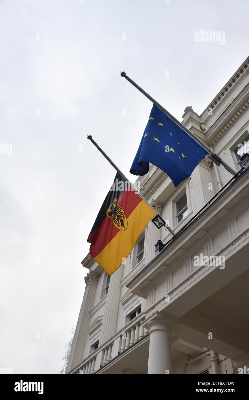 London, UK. 20th Dec, 2016. Flags fly at half mast at the German and