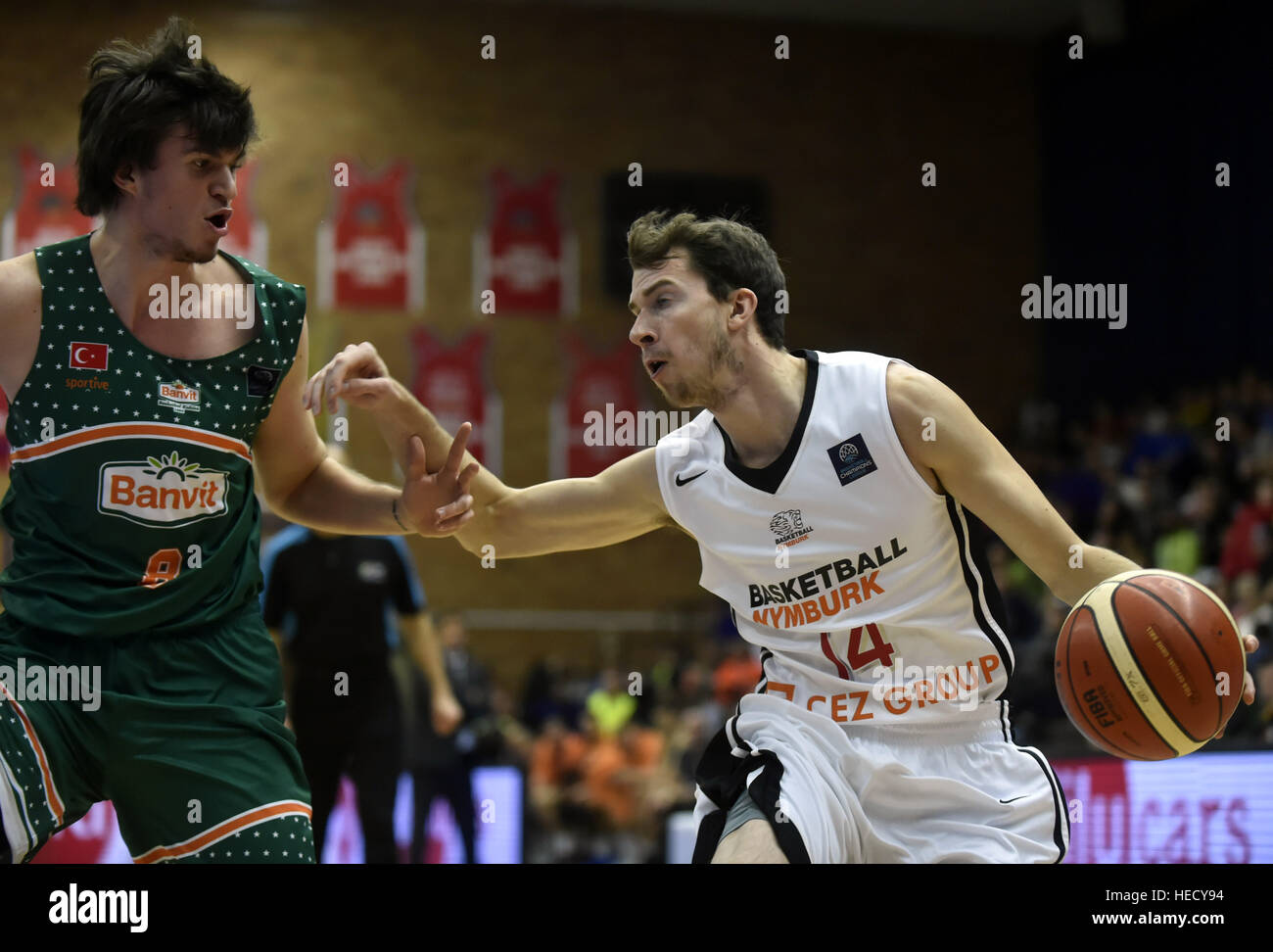 Nymburk, Czech Republic. 20th Dec, 2016. Basketball players Tolga Gecim  (L-R) of Banvit and Christopher Haas of Nymburk in action during the Men's basketball  Champions League, Group A, 10th roung game: Nymburk