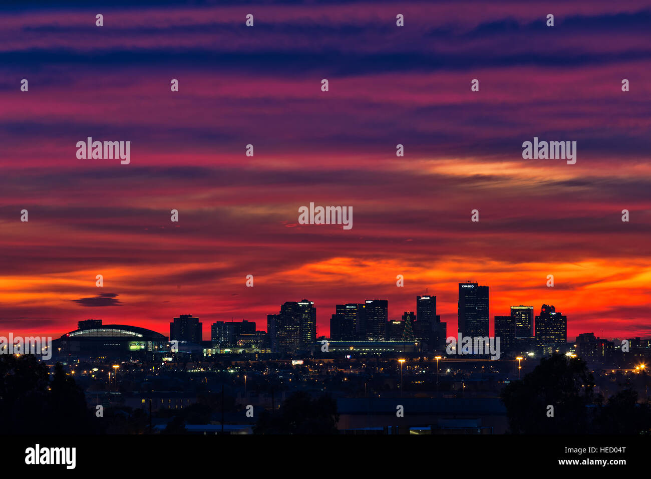 Downtown Phoenix Arizona skyline at sunset Stock Photo