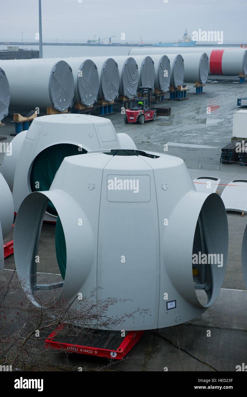 Components for the Wikinger offshore wind farm are prepared for transport at Sassnitz-Mukran port near Sassnitz, Germany, 19 December 2016. According to company Iberdrola Renovables Offshore Deutschland GmbH, the installation of the first turbines in the Baltic Sea is planned for early 2017. The wind farm's 70 wind turbines, 35 kilometres of the island of Ruegen, are to have a capacity of 350 megawatt and are to go on stream at the end of 2017. Photo: Stefan Sauer/dpa-Zentralbild/ZB Stock Photo