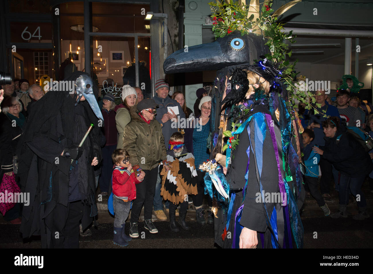 Penzance, Cornwall, UK. 21st December 2016. The annual Montol festival held on the date of the feast of St Thomas the Apostle and the winter solstice. Guise processions and lantern parades take place leading to the chalking of the Mock. Credit: Simon Maycock/Alamy Live News Stock Photo