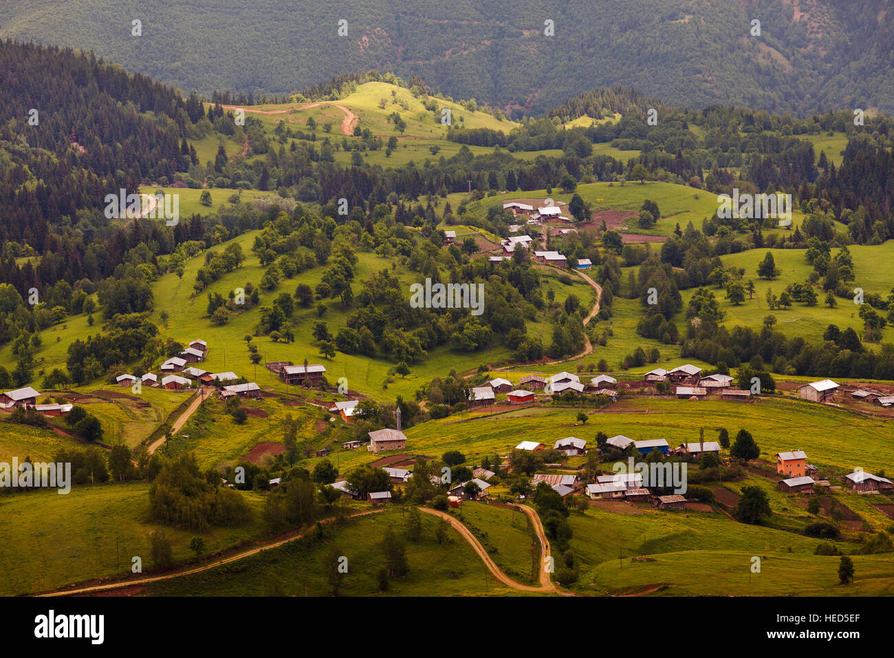Beautiful green landscape in spring time and rural areas of north east of Turkey country, Savsat, Artvin Stock Photo