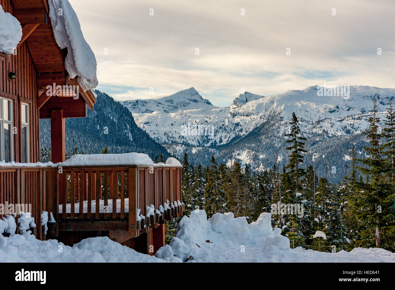 Exterior of Raven Lodge in winter at Mount Washington Alpine Ski Resort in Strathcona Provincial Park, British Columbia Canada Stock Photo