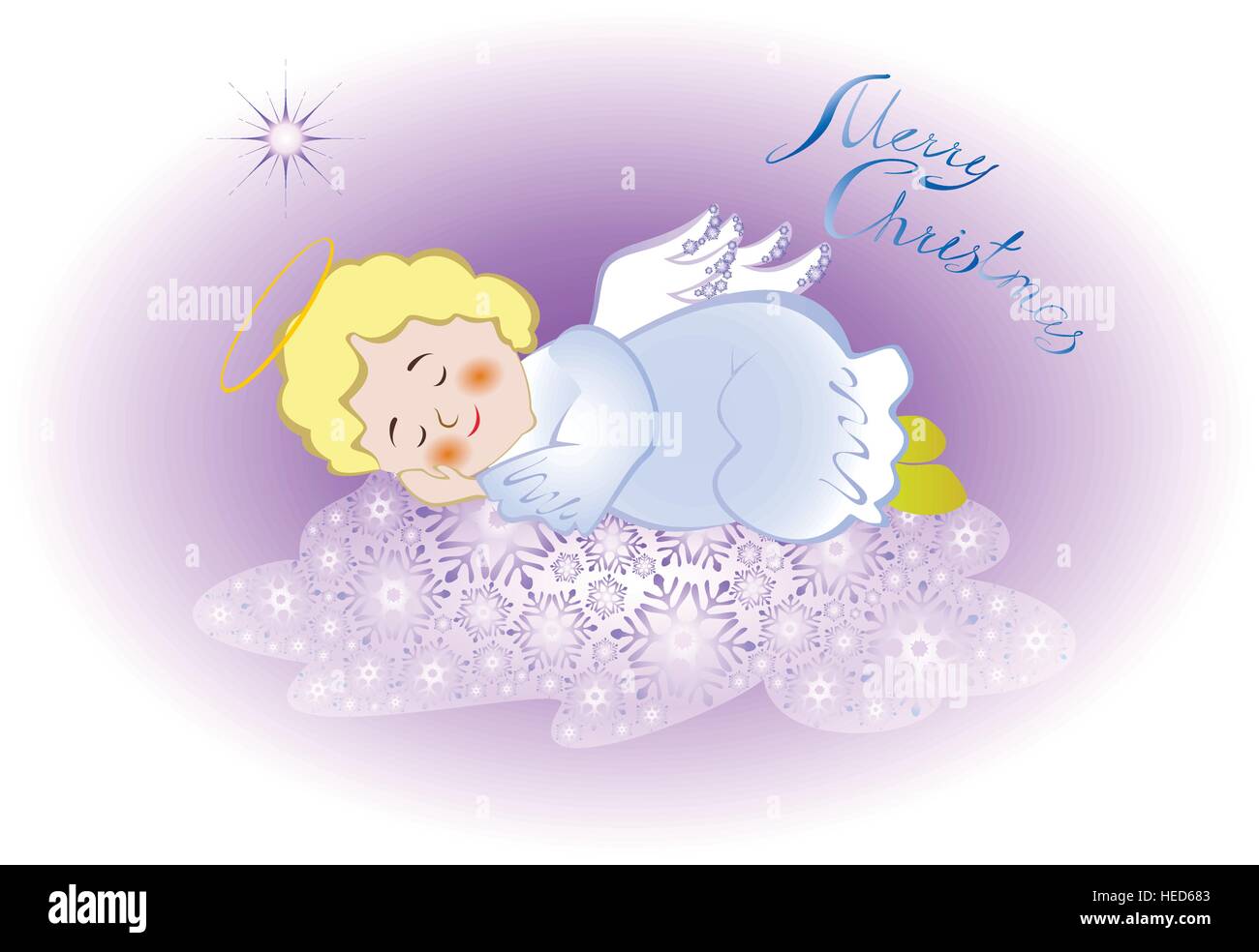 Funny stylized decorative sleeping angel in the sky on a cloud of snowflakes and star. EPS10 vector illustration Stock Vector