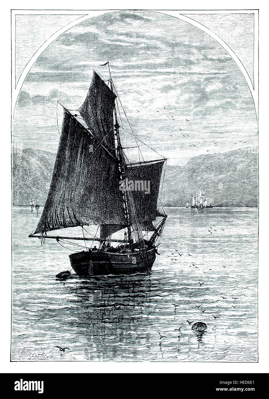 19th century coastal sailing vessel, illustration from 1884 Chatterbox weekly children’s paper Stock Photo