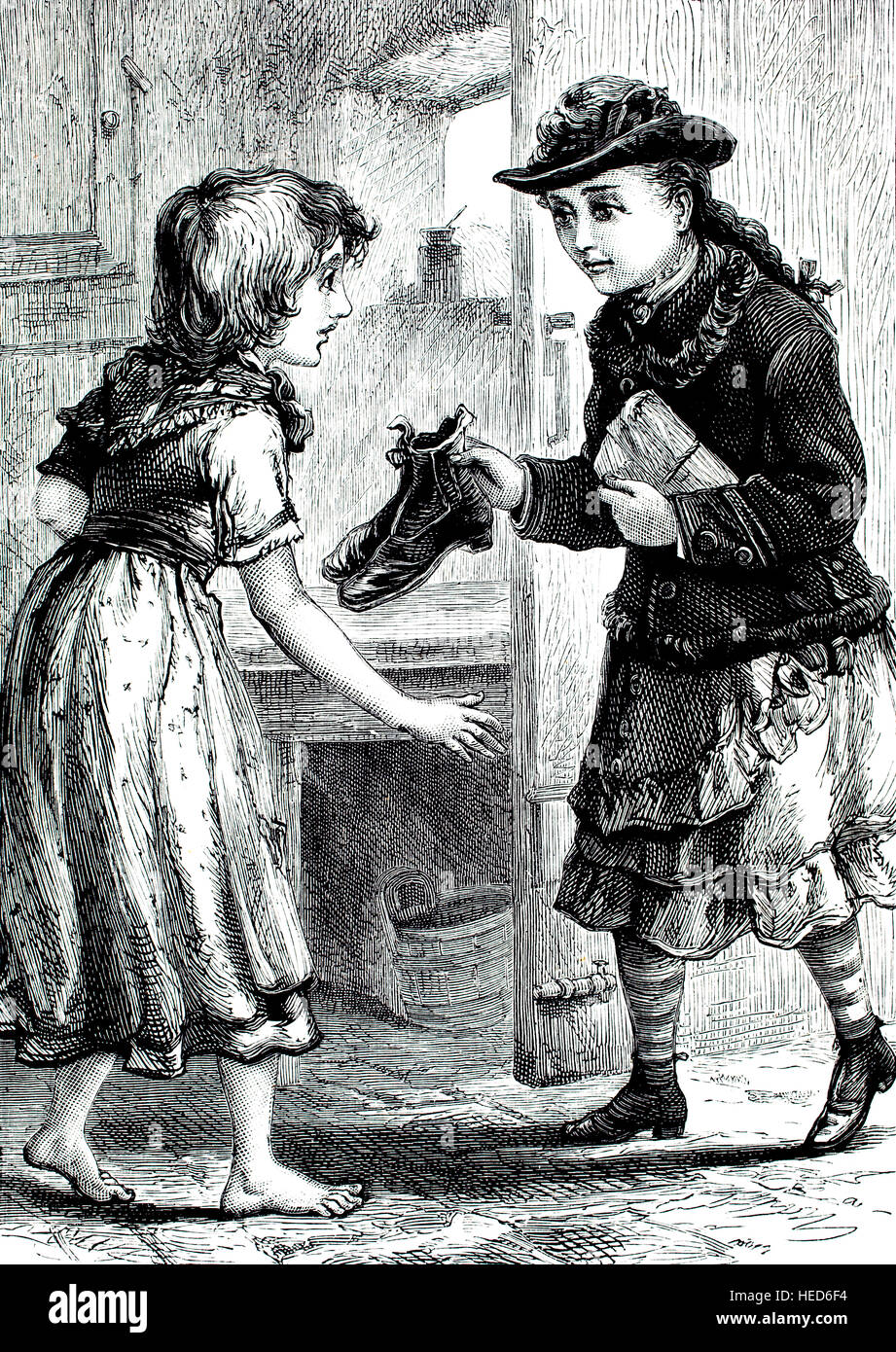 wealthy girl giving shoes to poverty stricken child, illustration from 1884 Chatterbox weekly children’s paper Stock Photo