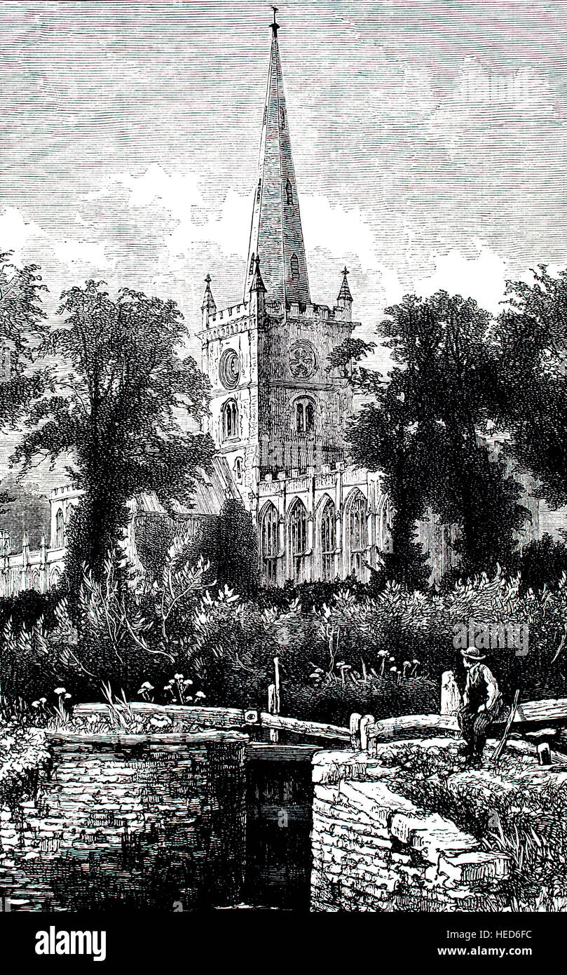 Stratford-upon-Avon Collegiate Church of the Holy and Undivided Trinity, illustration from 1884 Chatterbox weekly children’s pap Stock Photo