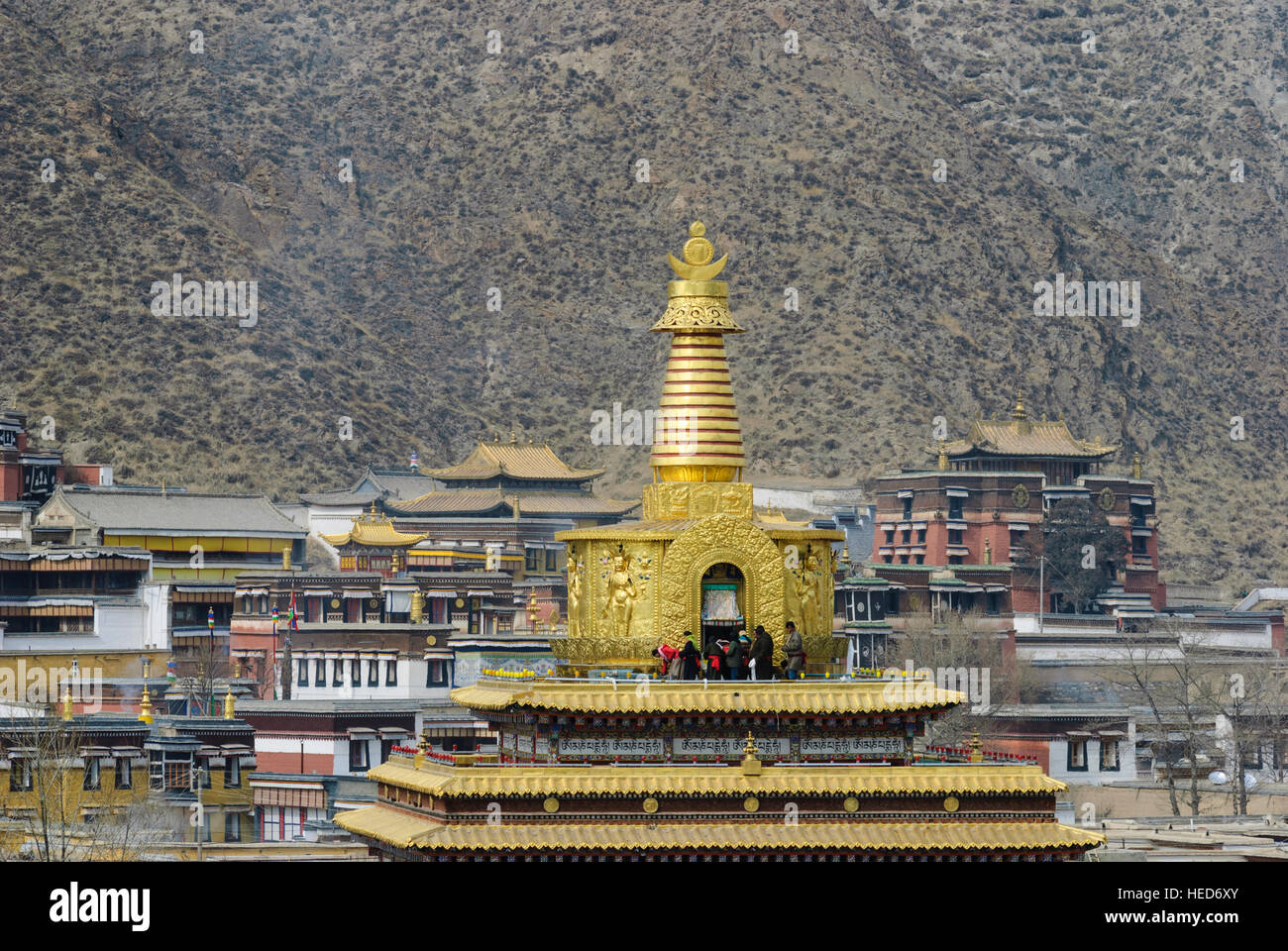 Xiahe: Tibetan Monastery Labrang at the Monlam Festival; Gongtang Chörten, Tibet, Gansu, China Stock Photo