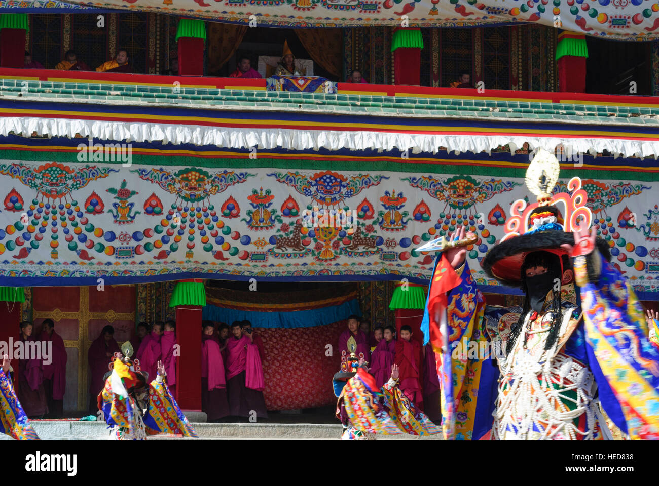 Xiahe: Tibetan Monastery Labrang at the Monlam Festival; Cham dance (mask dance) by monks, here with the ritual dagger Phurba, Tibet, Gansu, China Stock Photo