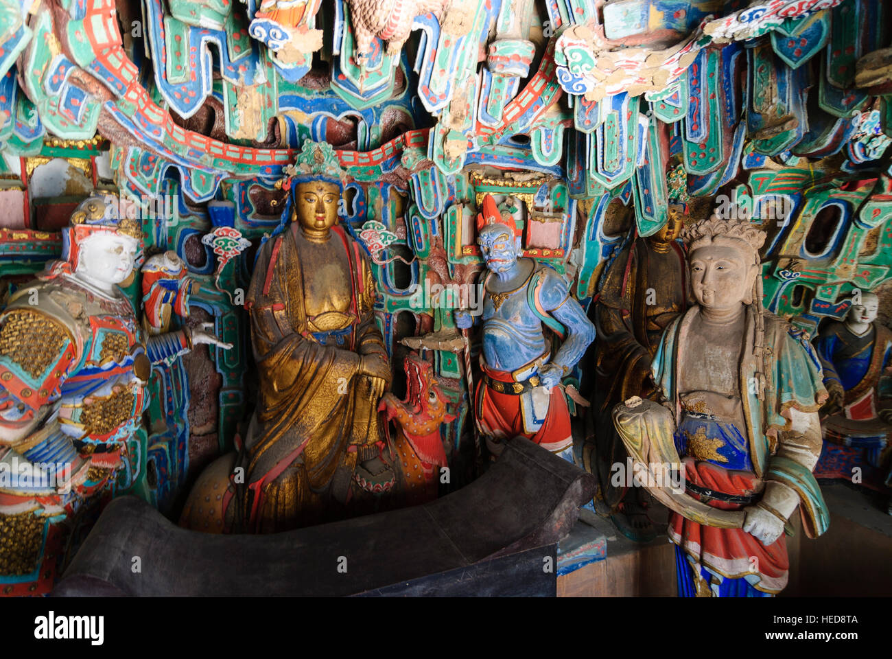 Hunyuan: Hanging monastery; Hall of the Three Saints: there is a statue of Buddha, Confucius and Laozi as the three religions of China in the room, Sh Stock Photo