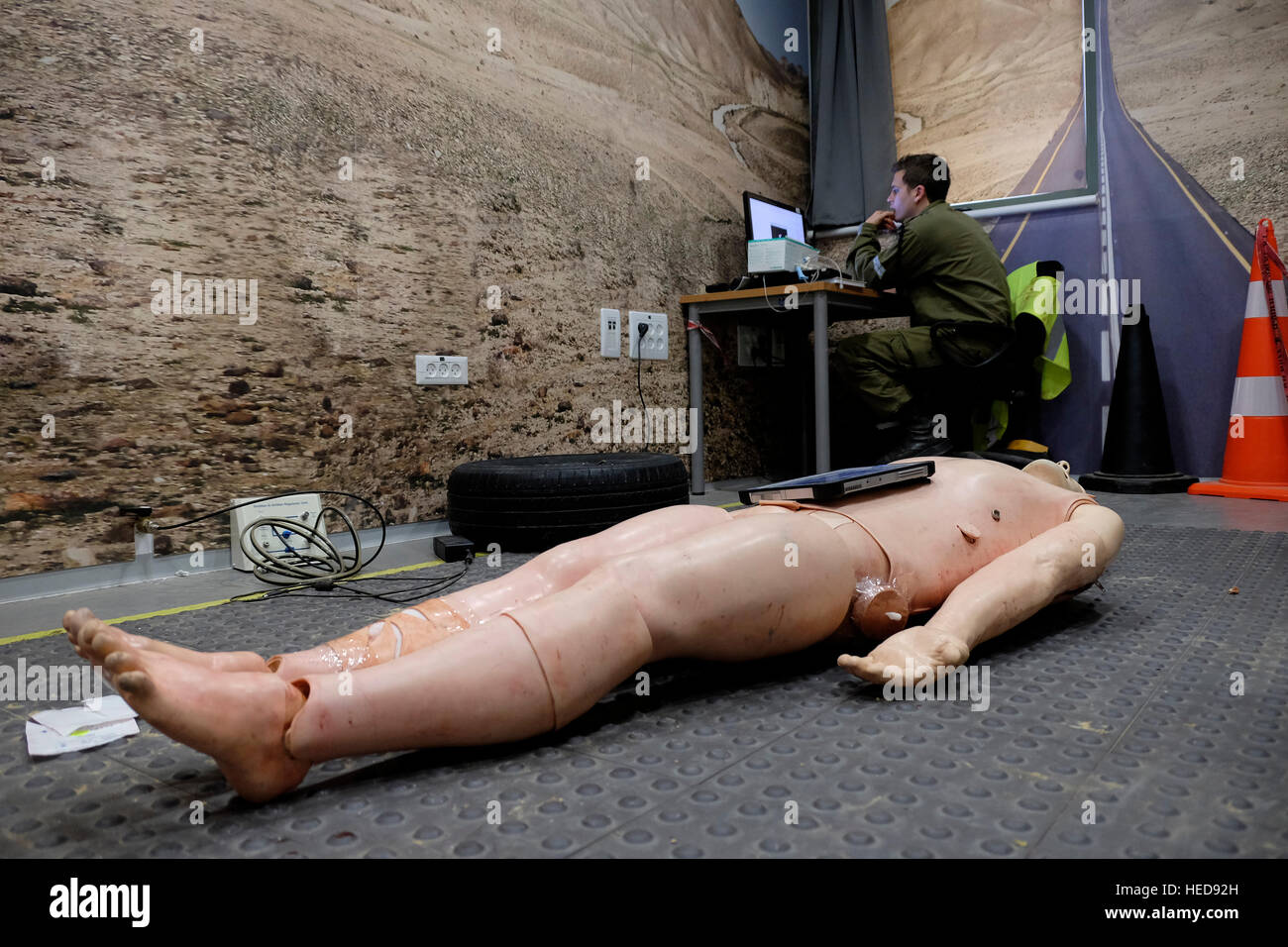 A plastic resus dummy lays in the floor of an IDF military paramedic training school in Camp Ariel Sharon, or in Hebrew Ir HaBahadim a complex of military bases including noncombat recruit training bases near the town of Yeruham in the Negev desert. Israel Stock Photo