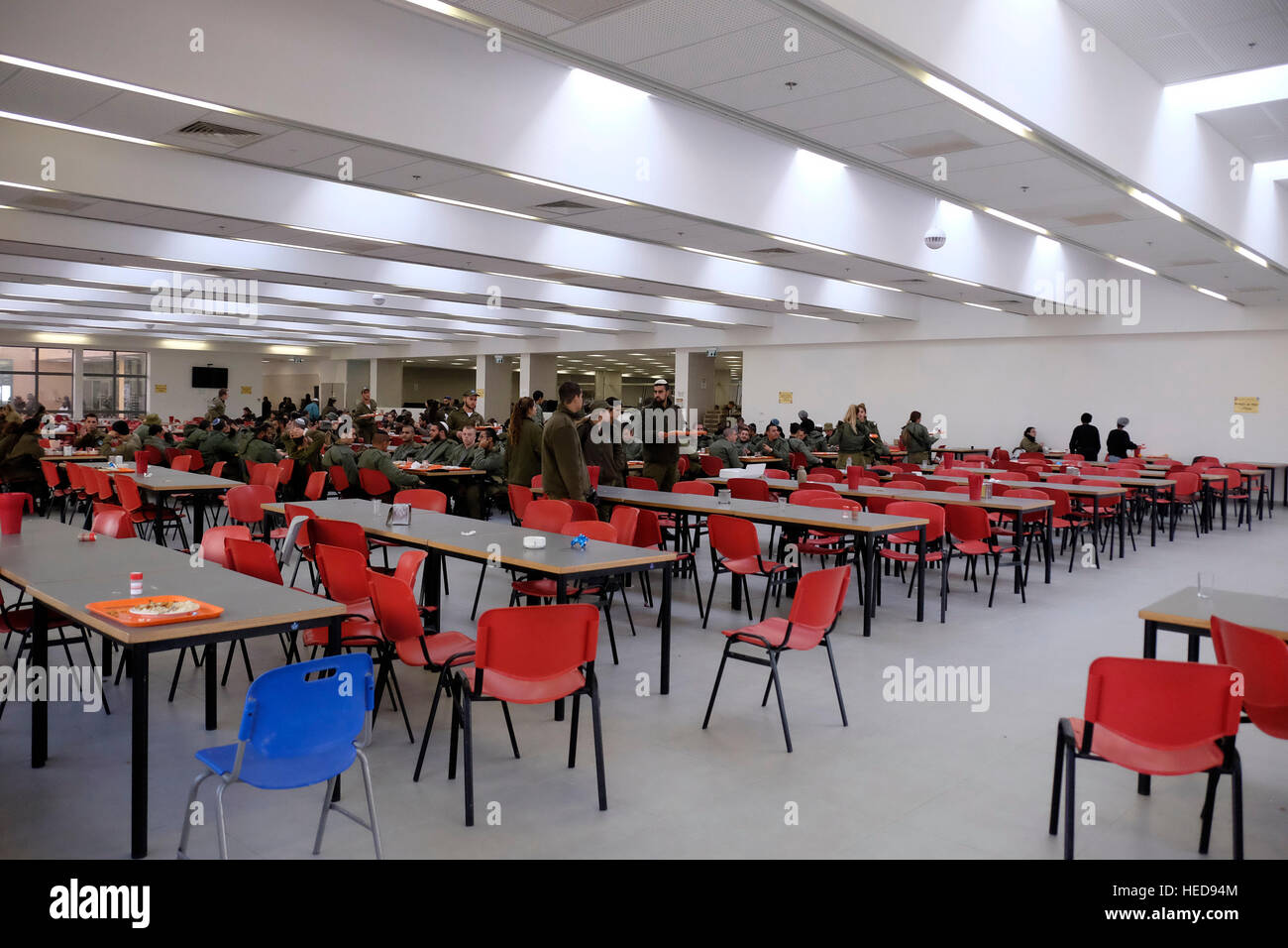 Israeli soldiers eating at the main dining room of Camp Ariel Sharon