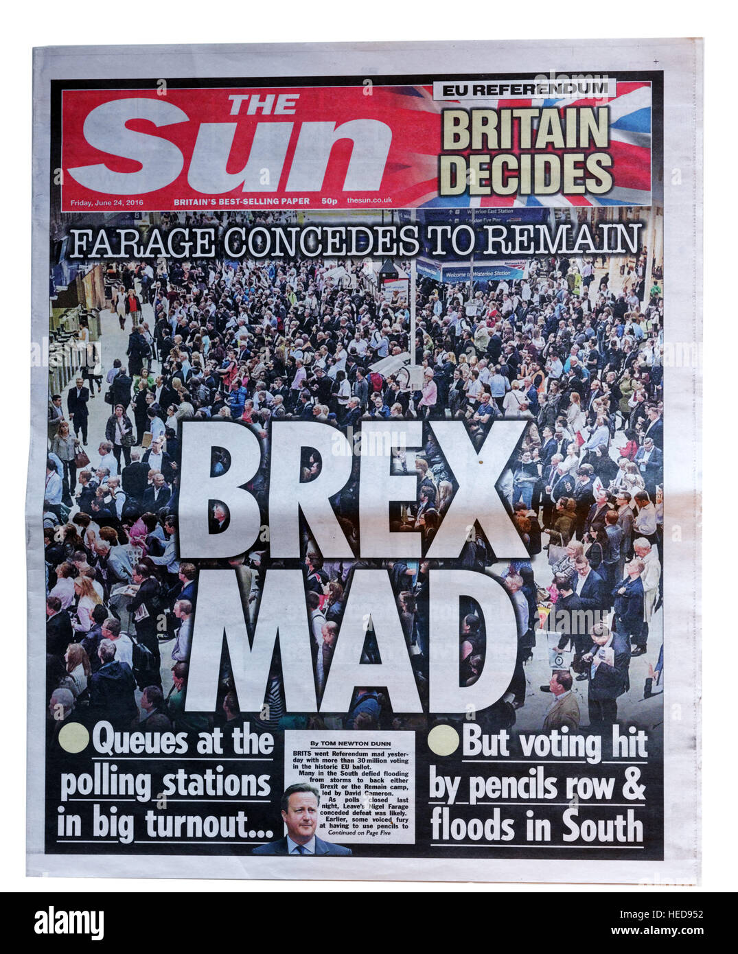 The Sun newspaper headline of 24 June 2016 from polling day on the Brexit referendum, with the news that Farage concedes defeat Stock Photo