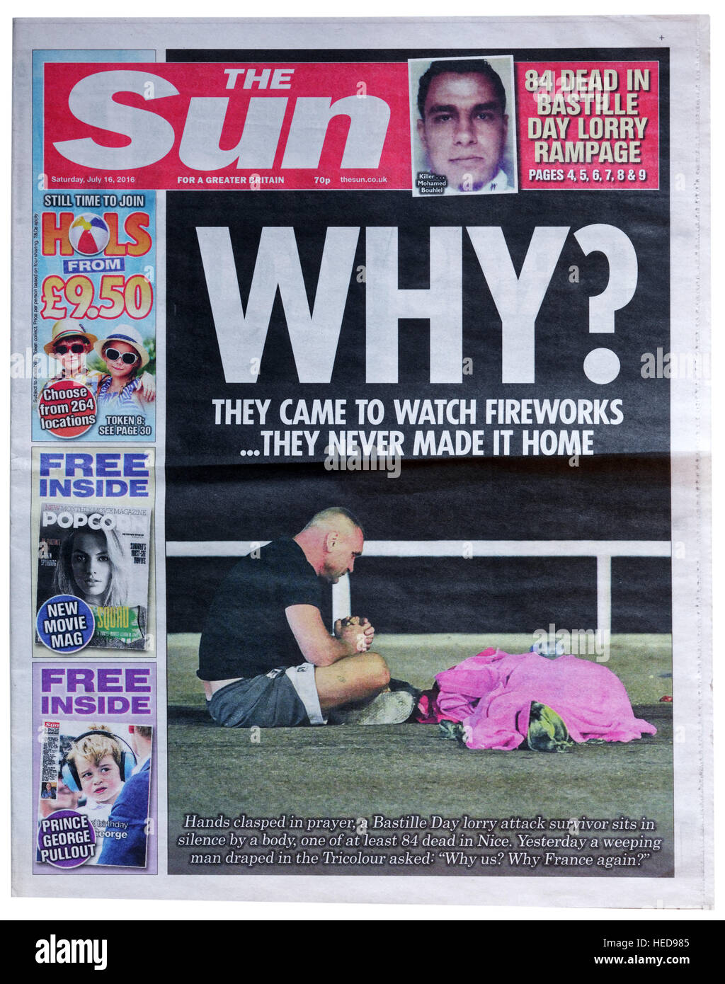 The Sun front page from 16 July 2016 after the 2016 Bastille Day lorry (truck) terrorist attack in Nice in July 2016 Stock Photo
