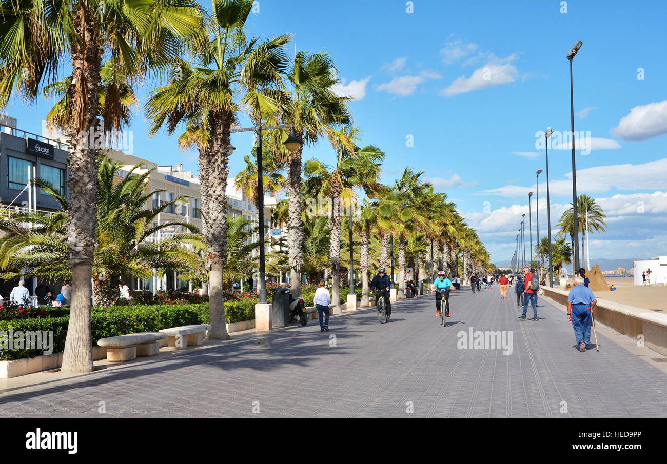 Sea front promenade with hotels and restaurants at  Malvarrosa beach in the city of Valencia, Spain Stock Photo