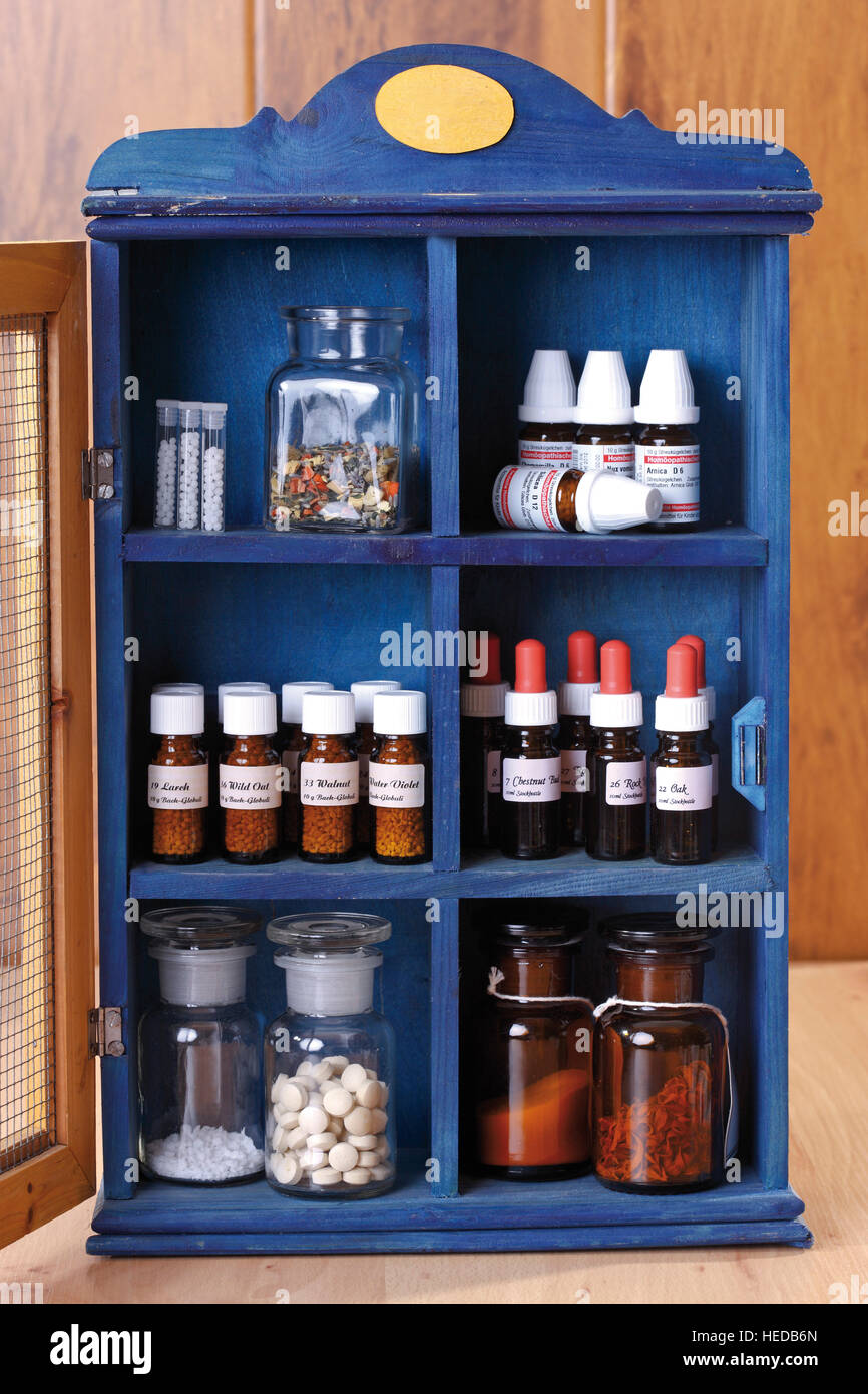 Blue apothecary filled with various bottles Stock Photo Alamy