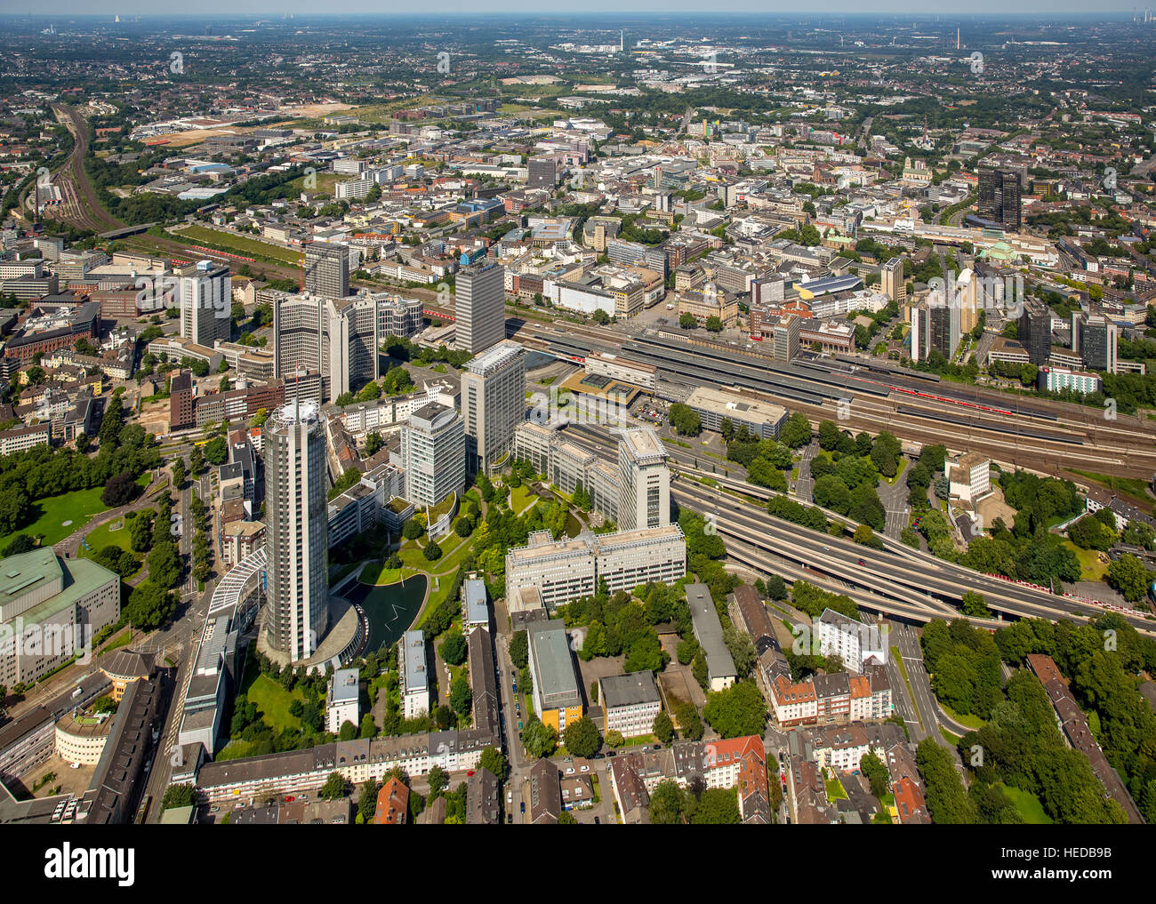 Aerial view of skyline with RWE skyscraper, Evonik headquarters, central station, DB-Tower, Essen Mitte, Ruhr District Stock Photo