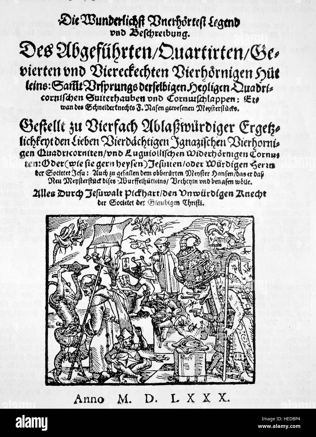 Title of the first edition of Fischarts Jesuiterhuetlein, ANNO M. D. L X X X, Die Wunderlichst Vnerhoertest Legend vnd Beschreibung von Johann Fischart, from a woodcut of 1880, digital improved Stock Photo