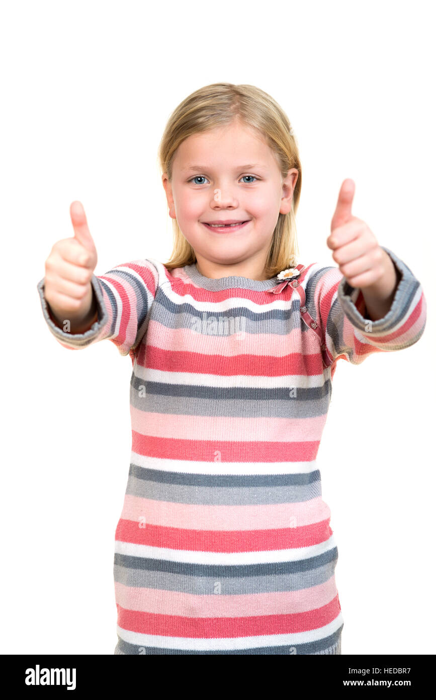 Portrait of a beautiful and confident girl showing thumbs up isolated ...
