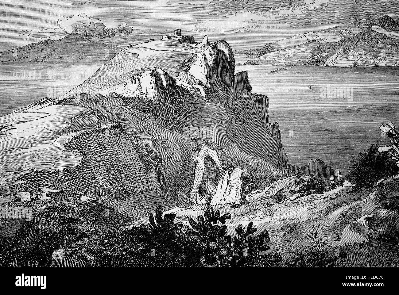 Italy, theTiber rocks or Tiberfelsen at Capri, from a woodcut of 1880, digital improved Stock Photo