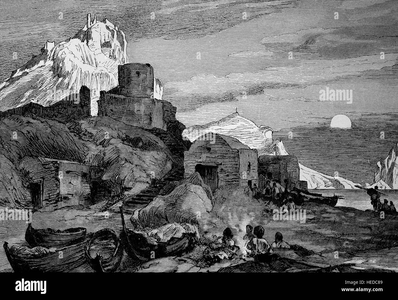Small bay on Capri, kleine Marina auf Capri, Italy, from a woodcut of 1880, digital improved Stock Photo