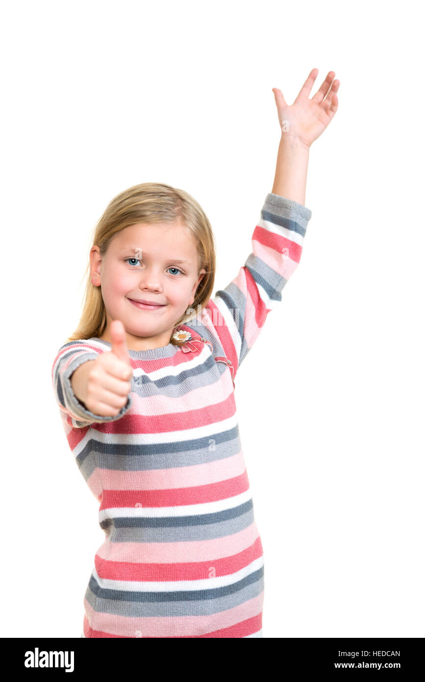 Portrait of a beautiful and confident girl showing thumbs up isolated ...