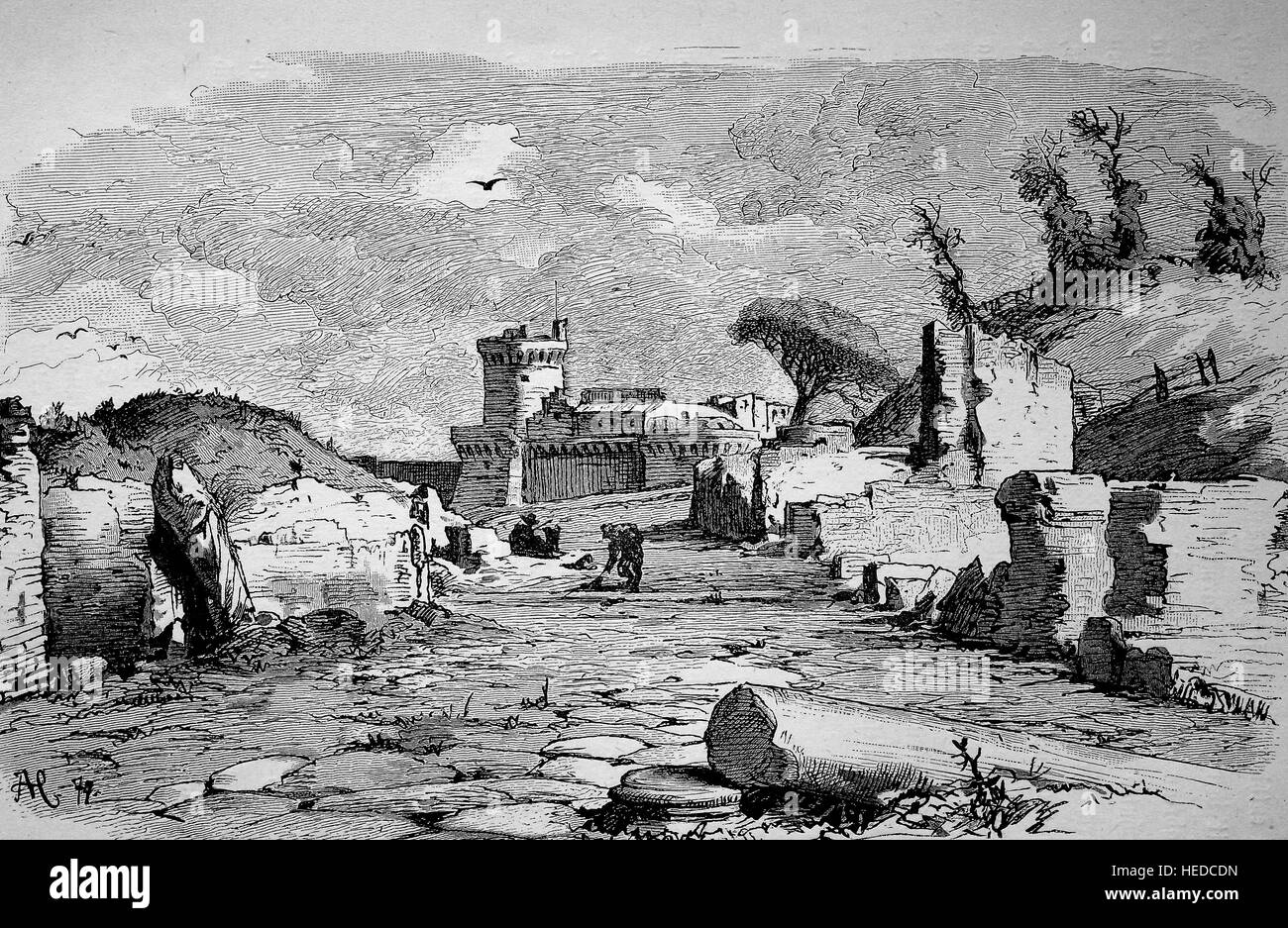 Ostia Antica is a large archeological site, close to Rom, Italy, from a woodcut of 1880, digital improved Stock Photo