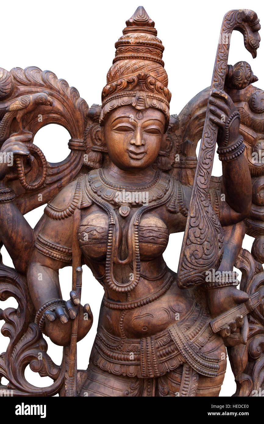 wooden statue of Hindu goddess Saraswathi Stock Photo Alamy