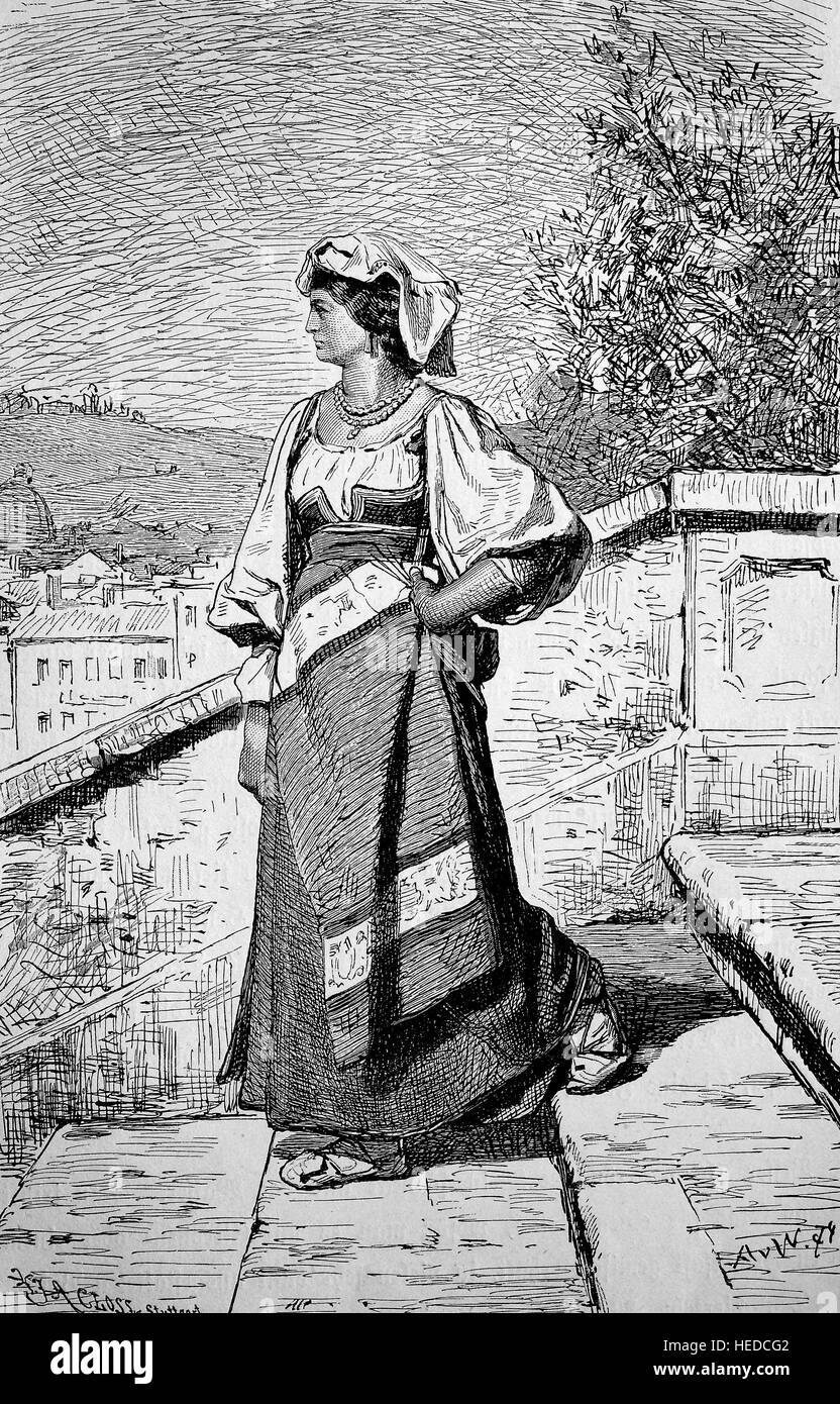 Stella, a young Italian woman in country-style clothes, possibly a model for Goethe's tragedy Stella, from a woodcut of 1880, digital improved Stock Photo