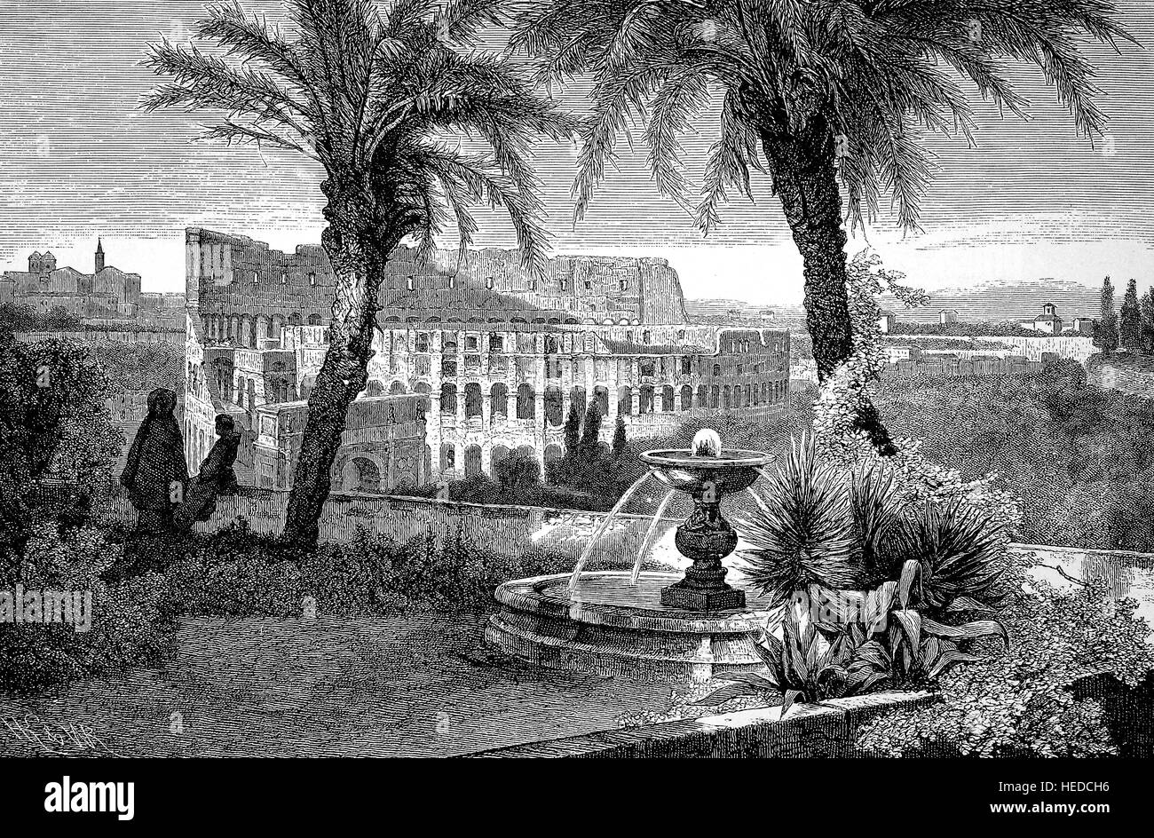 The colosseum im Rom, seen from the Palatine hill, Kolosseum vom Palatin aus, from a woodcut of 1880, digital improved Stock Photo