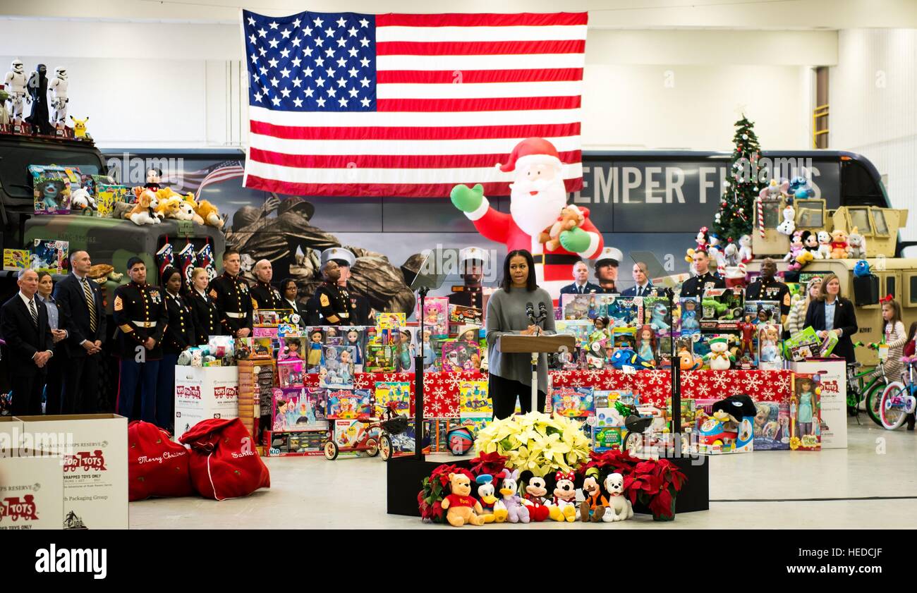 U.S. First Lady Michelle Obama joins in celebrating the Marine Corps toy charity Toys for Tots during a toy sorting event at the Joint Base Anacostia-Bolling December 7, 2016 in Washington, DC. Stock Photo