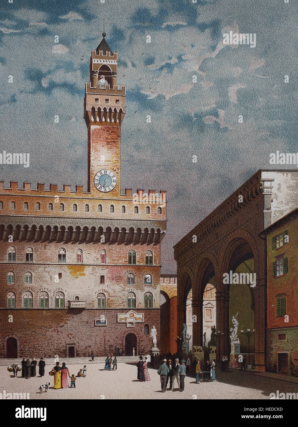 The Palazzo Vecchio and the Loggia dei Lanzi, also called the Loggia della Signoria, are buildings on a corner of the Piazza della Signoria in Florence, Italy,, from a woodcut of 1880, digital improved Stock Photo