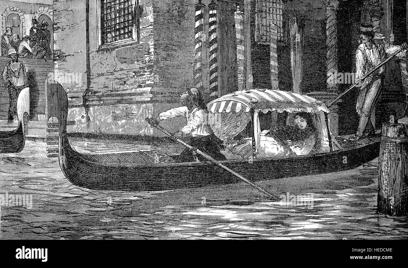 A gondola ride in the canals of Venice, Italy, from a woodcut of 1880, digital improved Stock Photo