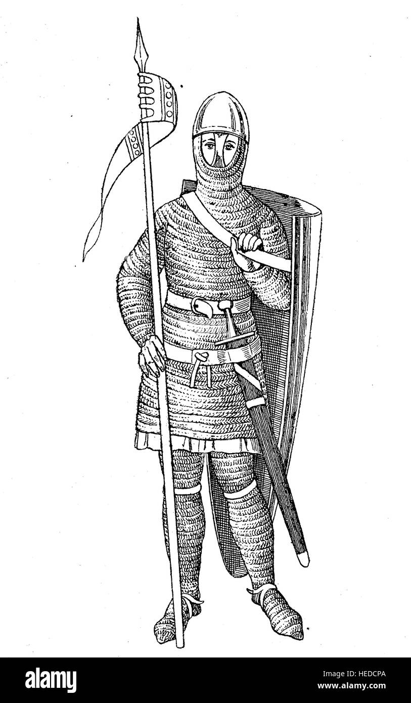 Knight with chain equipment from the 12th century, is a type of armour consisting of small metal rings linked together in a pattern to form a mesh, from a woodcut of 1880, digital improved Stock Photo
