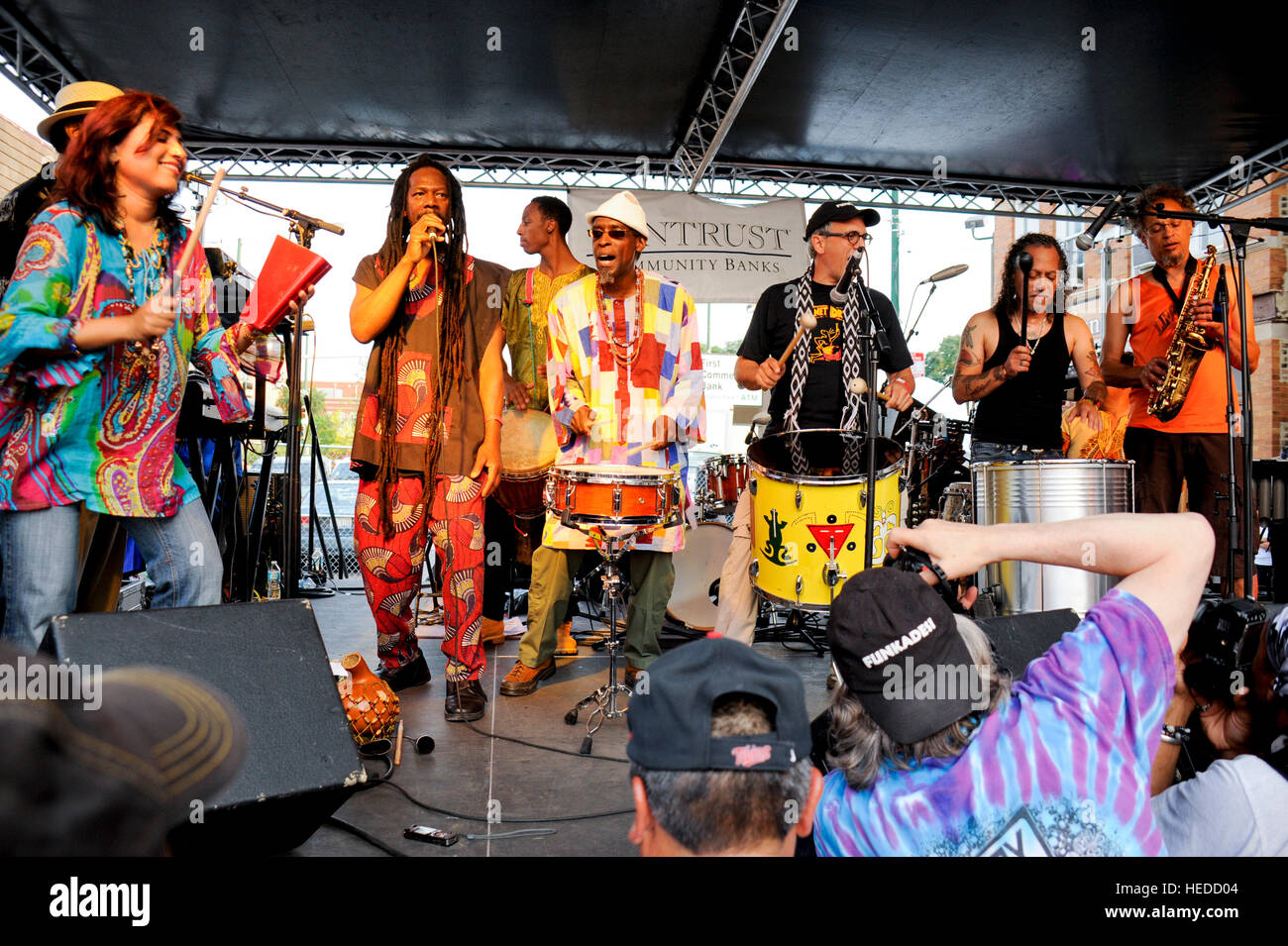 Chicago musical group, Funkadesi, playing at local neighborhood festival. Stock Photo