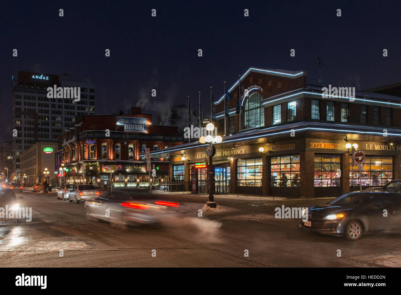 Night view of York Street with Salon De  Provence Bakery on the right and Andaz Hotel in the background, Byward Market, Ottawa Stock Photo