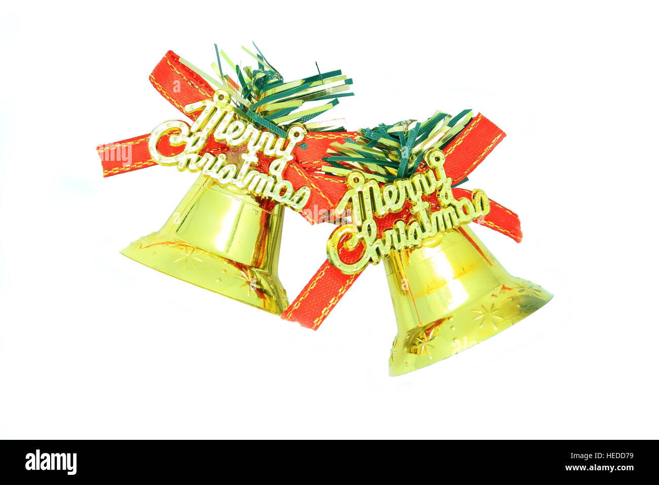Double golden bell isolated on white background for decorate for Christmas and New Year's Day. Stock Photo