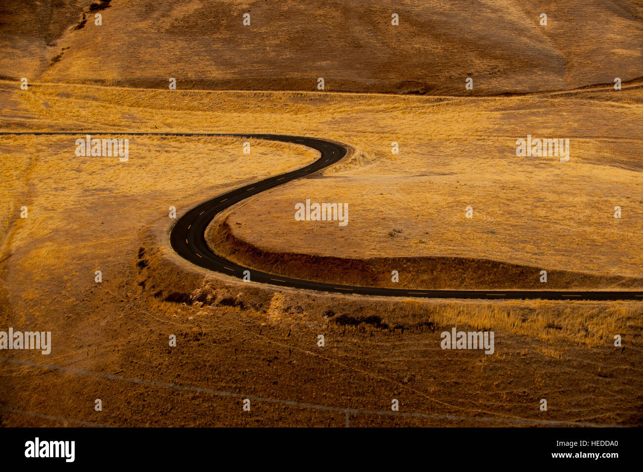 An empty, curving two lane blacktop road in the high desert is lined with bright yellow stripes in warm afternoon light. Stock Photo