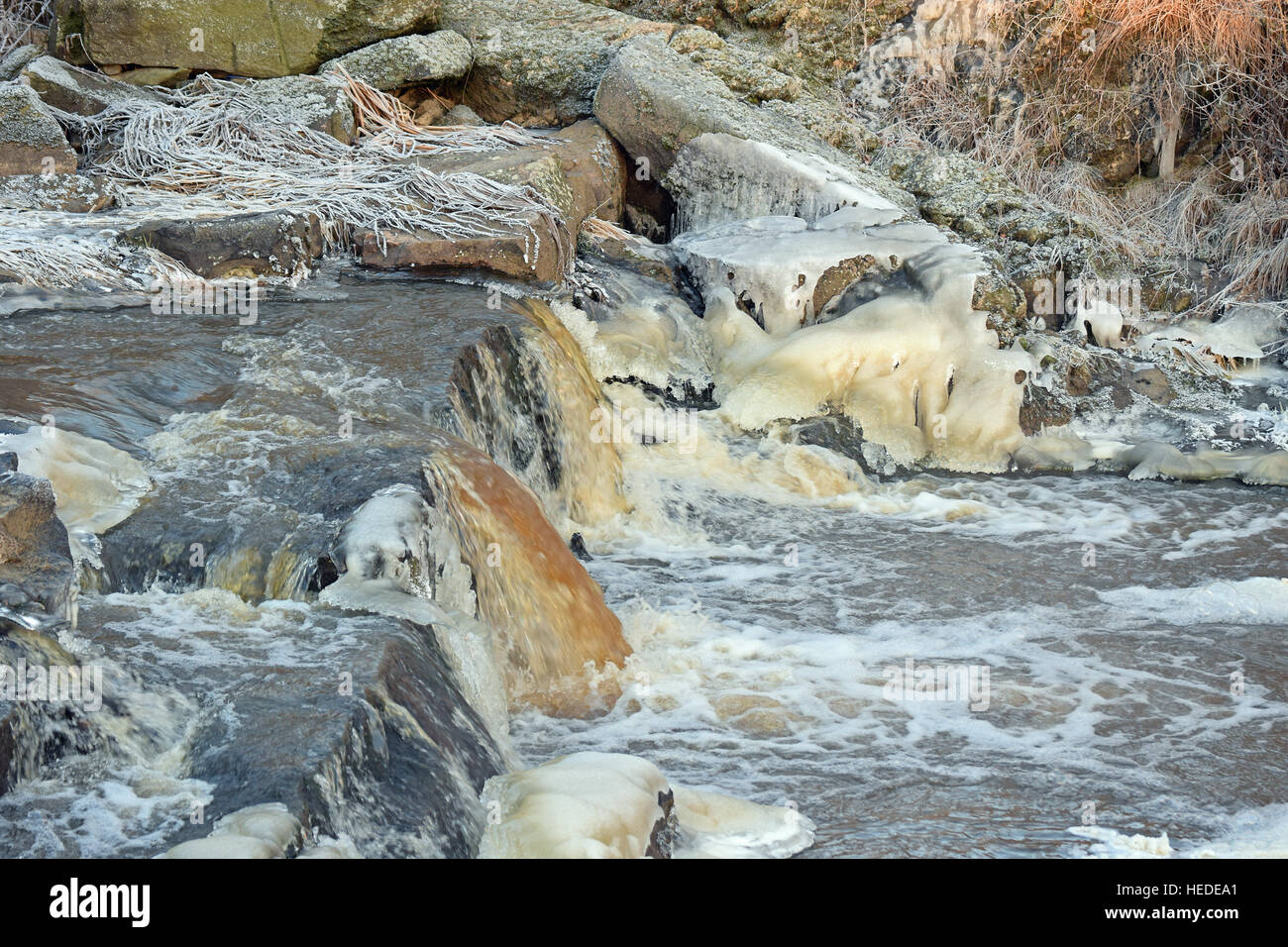 Small rapids on winter. Stock Photo