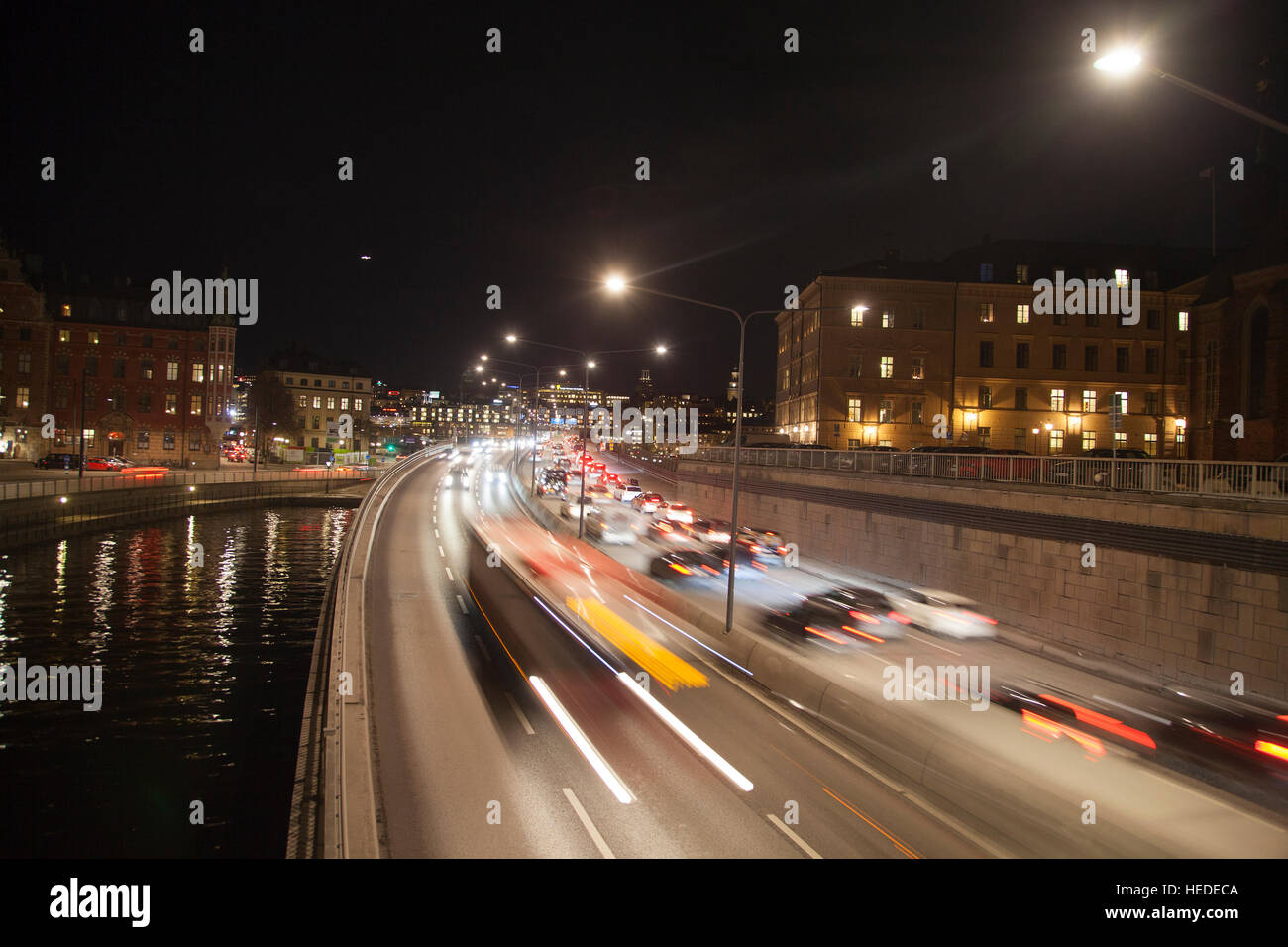 Busy highway in Stockholm with evening traffic Stockholm Sweden Stock Photo