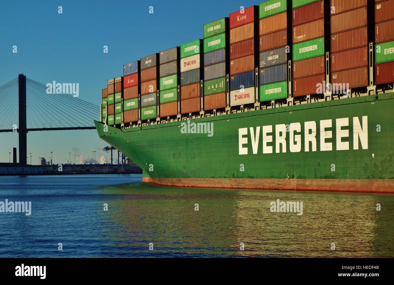 A container ship and stacked containers from cargo shipping line