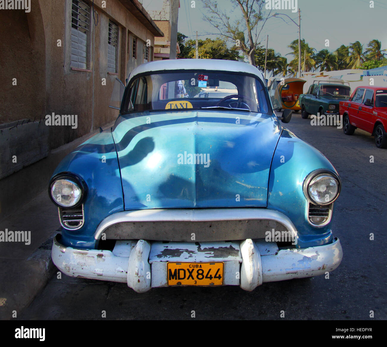 Photo bright blue retro car in Cuba Stock Photo