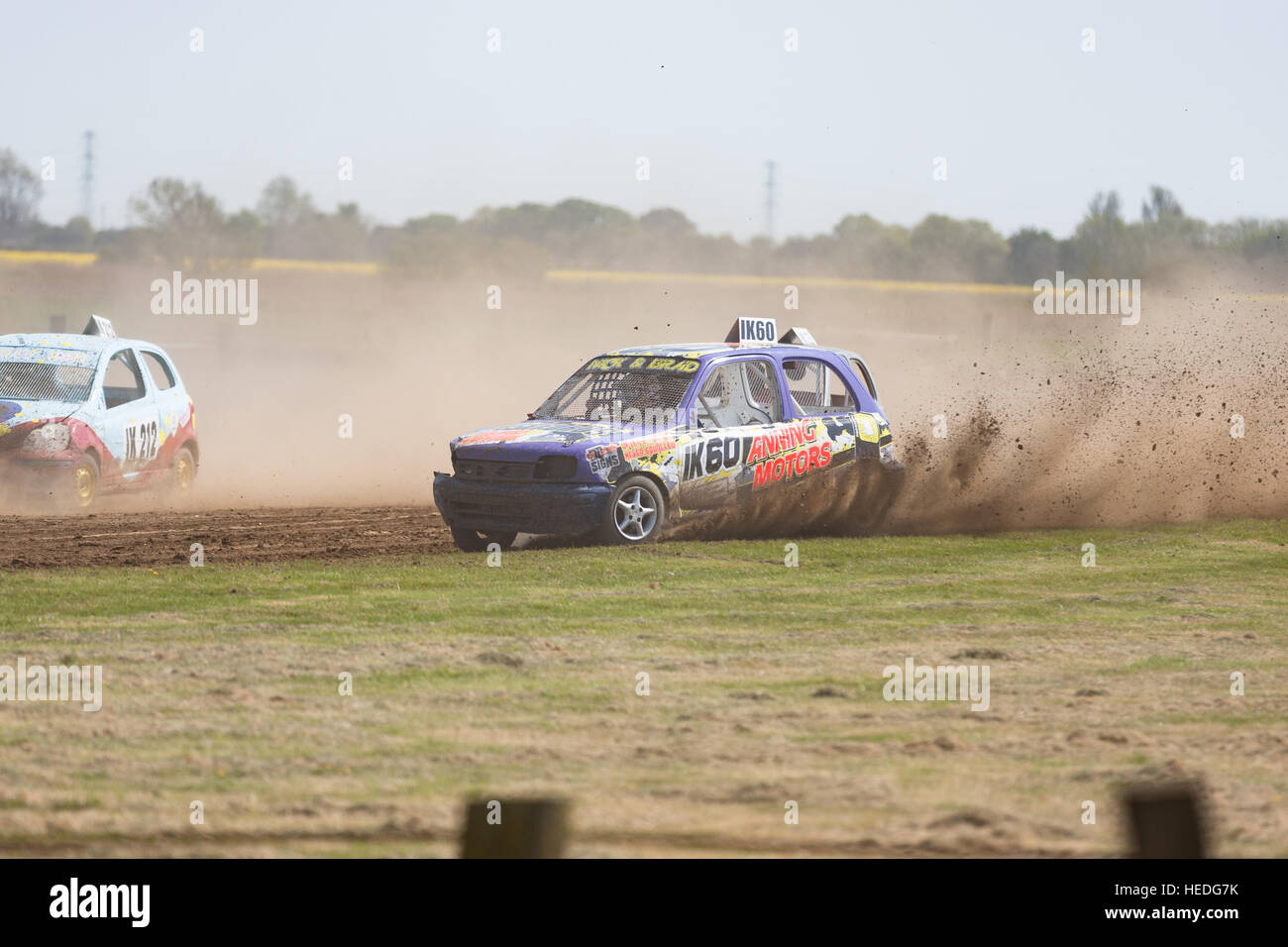 Romney Marsh, Kent, UK. 8th May, 2016. Round 3 of the Autograss racing tournament at the Ivychurch race track. Invicta Kent. Stock Photo
