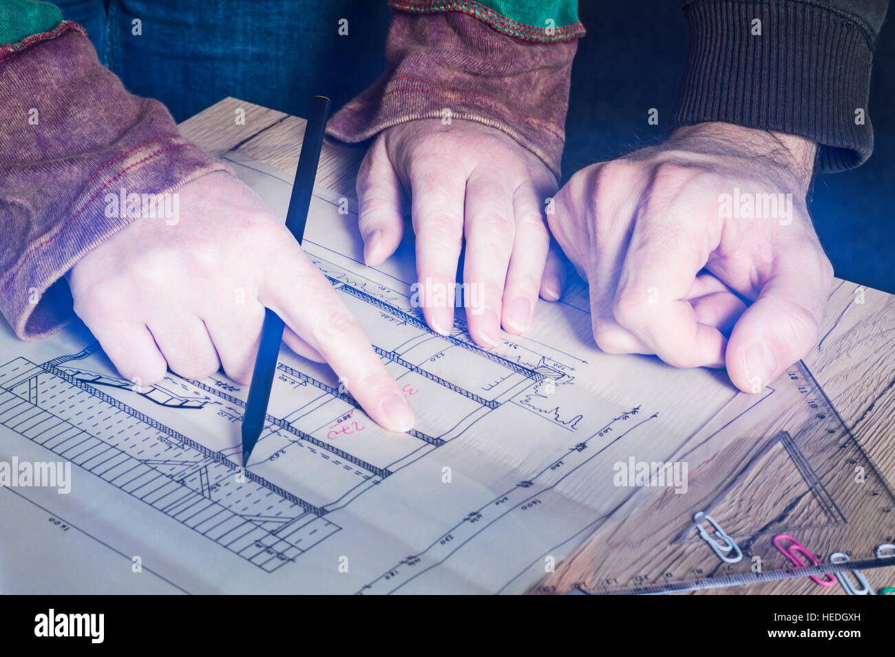 Hands of engineer working on architectural project. Construction concept. Stock Photo