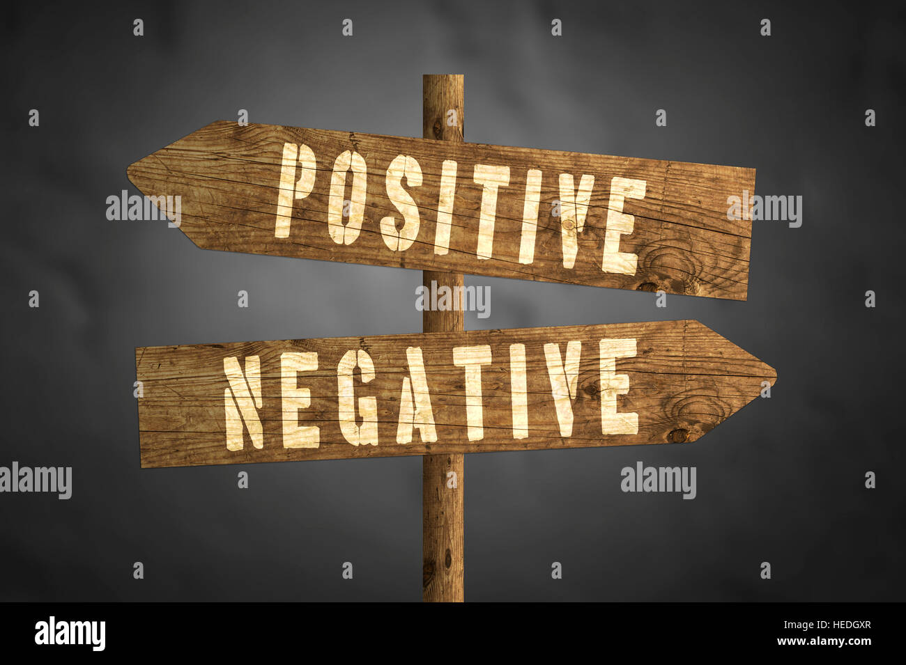 Positive or Negative concept road sign isolated on dark background. Stock Photo