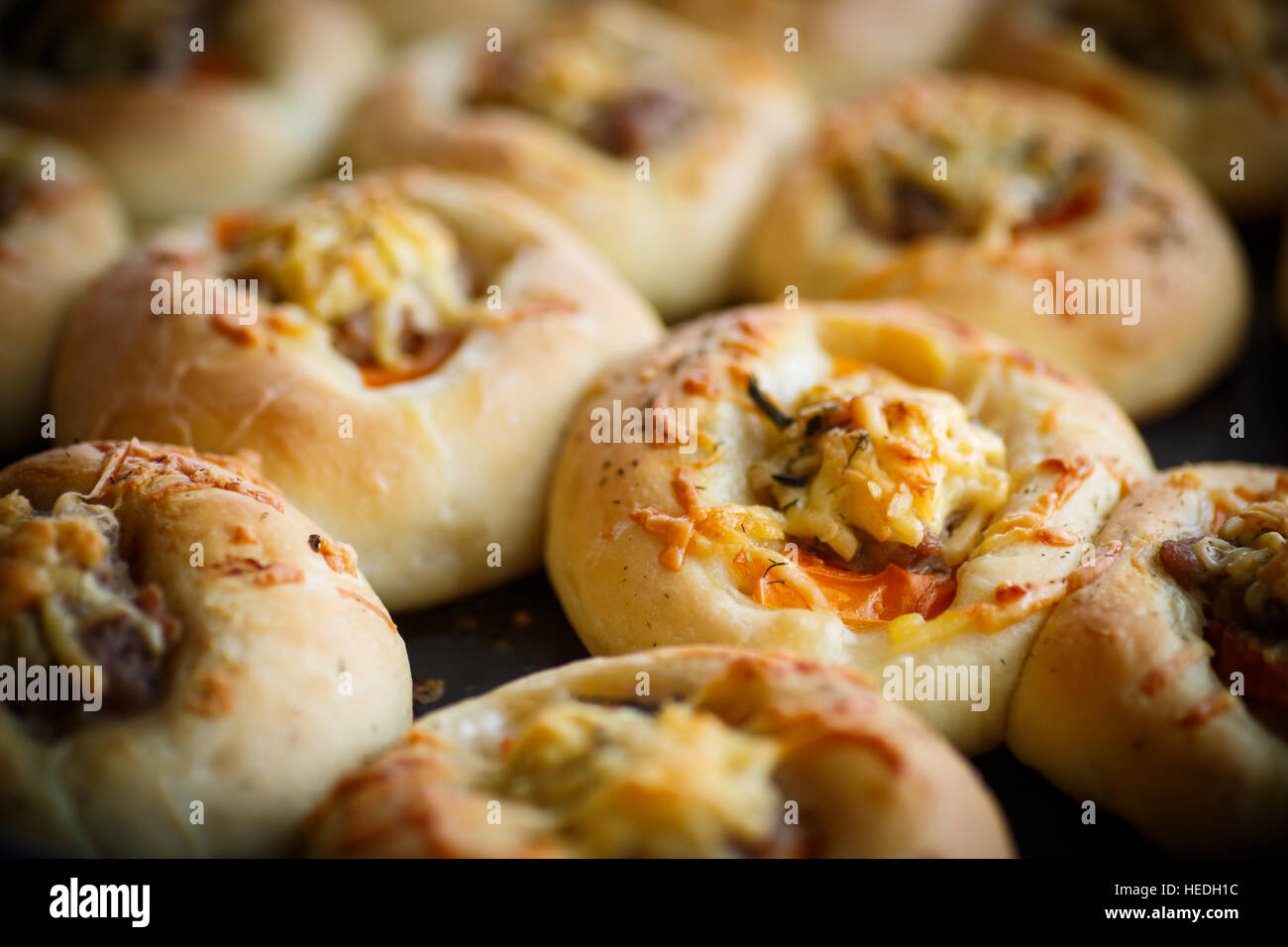baked open pies with meat Stock Photo