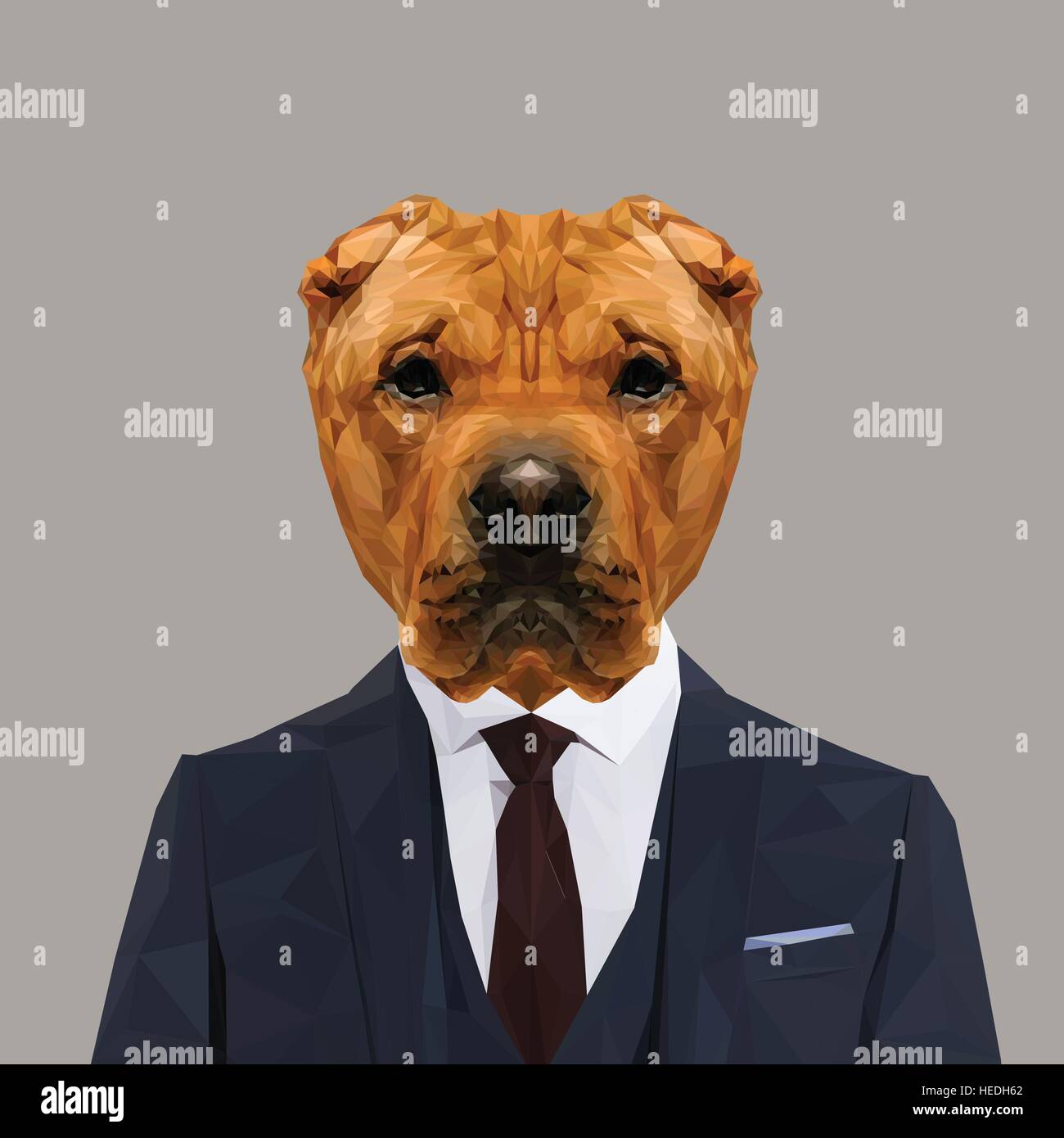 Shar Pei dog animal dressed up in navy blue suit with red tie. Business man. Vector illustration. Stock Vector