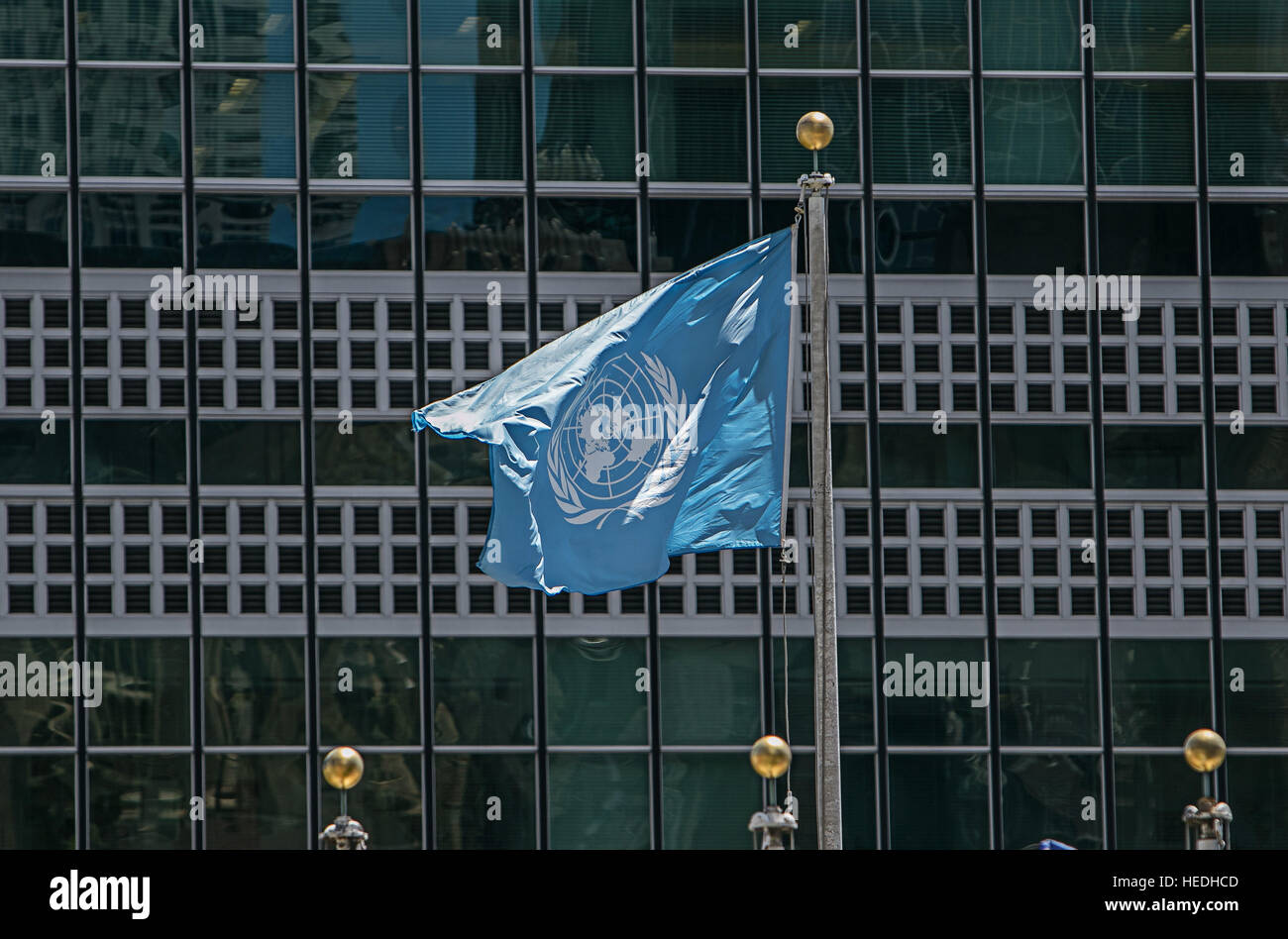 A blue flag with a white UN logo is flying high on a mast on United Nations campus. Stock Photo